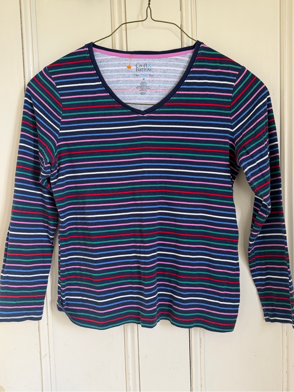 croft & barrow Navy Multicolor Striped V-Neck Long Sleeve Tee